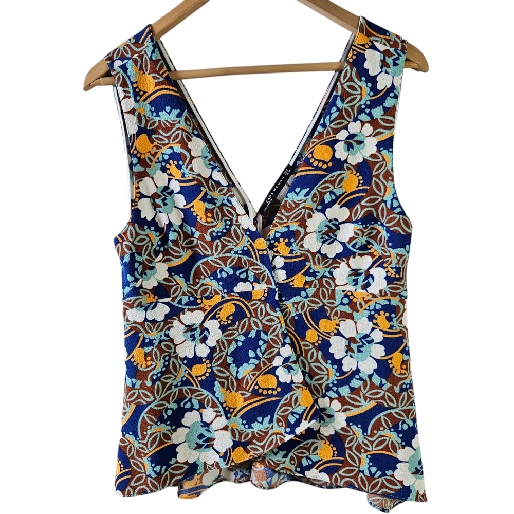 ZARA floral print flowy cross front wide strap tank top size Medium blue 040